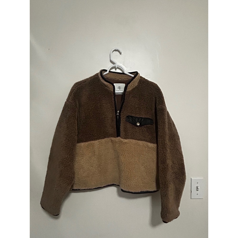 Anine Bing Royce Jacket Brown Tan Colorblock Sherpa Fleece Quarter Zip Small - Picture 2 of 7